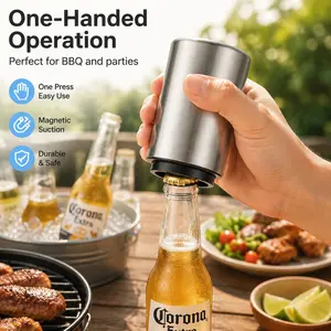Premium Automatic Beer Bottle Opener, Magnet Stainless Steel Push Down Off Soda Lid Open Magnetic Catching No Damage Caps, Portable Pop the Top Bar Tools for Home Wine Accessories Picnic Camping