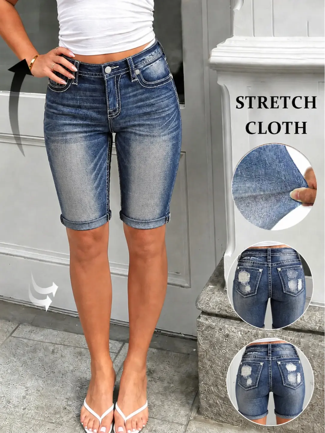 Women's Vintage Dark Wash Ripped Knee-Length Jean Shorts, Stretch Casual Rear-Pocket Bermuda Shorts