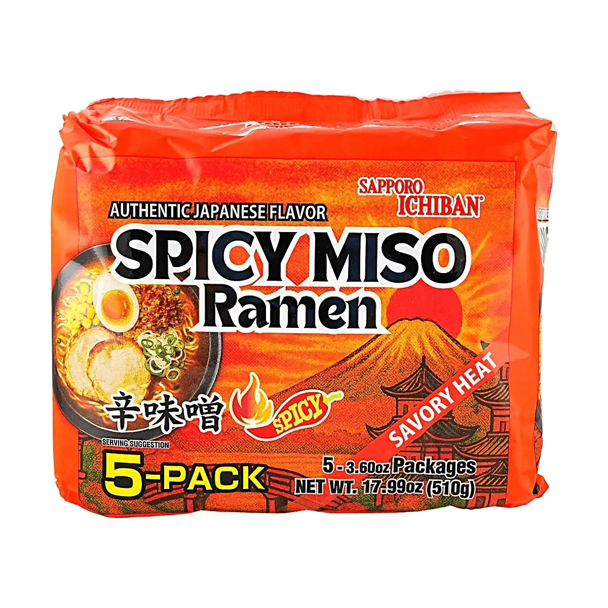 Sapporo Ichiban Spicy Miso Ramen Noodles - Authentic Japanese Instant Ramen, 5 Packs (510g)