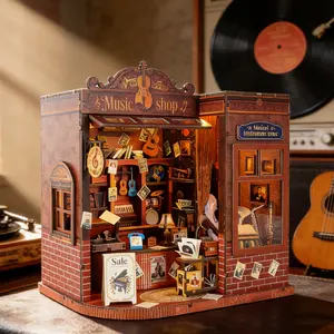 Vintage Wooden Miniature House Kit, 3D DIY Miniature Scene Book Nook, Retro Music Shop Wooden Model Kit, House Building Kit Decorative Model Toy Gift, Bookshelf Insert Home Decor for Adults 14+