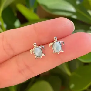 Sterling Silver, Natural Larimar Sea Turtle Earrings