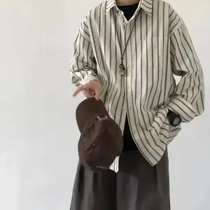 Japanese Style Trendy Long Sleeve New Simple Artistic Men's Shirt Youth Fashion Square Collar Striped Standard Autumn Casual Sce