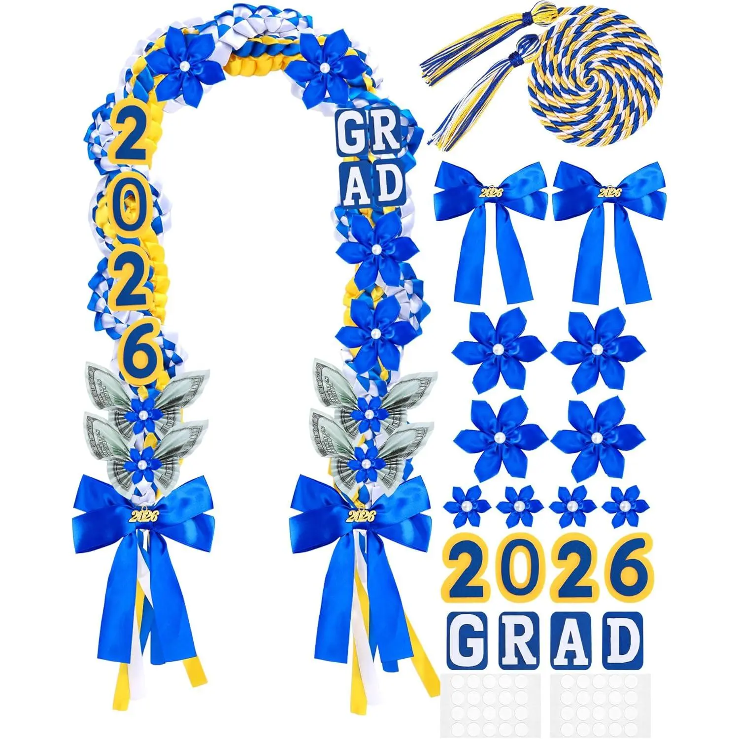 Traditional Graduation Lei Set - 21-Piece Double-Braided Satin Ribbon with Flower Design, Graduation Party Supplies Gift for Class of 2026 in Blue, Yellow & White