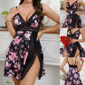 Women's Floral Print Nightgown with Black Lace Trim Camisole, Elegant and Comfortable Sleepwear Set, Adjustable Spaghetti Straps for a Perfect Fit