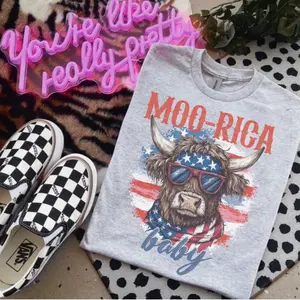 Moo-rica Baby Ash Grey T-Shirt - Bleached - Gildan - Unisex - 4th of July