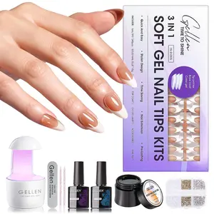 Gellen Almond French Press-On Nails Kit – Brown French Tips with Solid Nail Glue Gel, UV Nail Lamp, Gel Top & Base Coat for DIY Nail Extensions