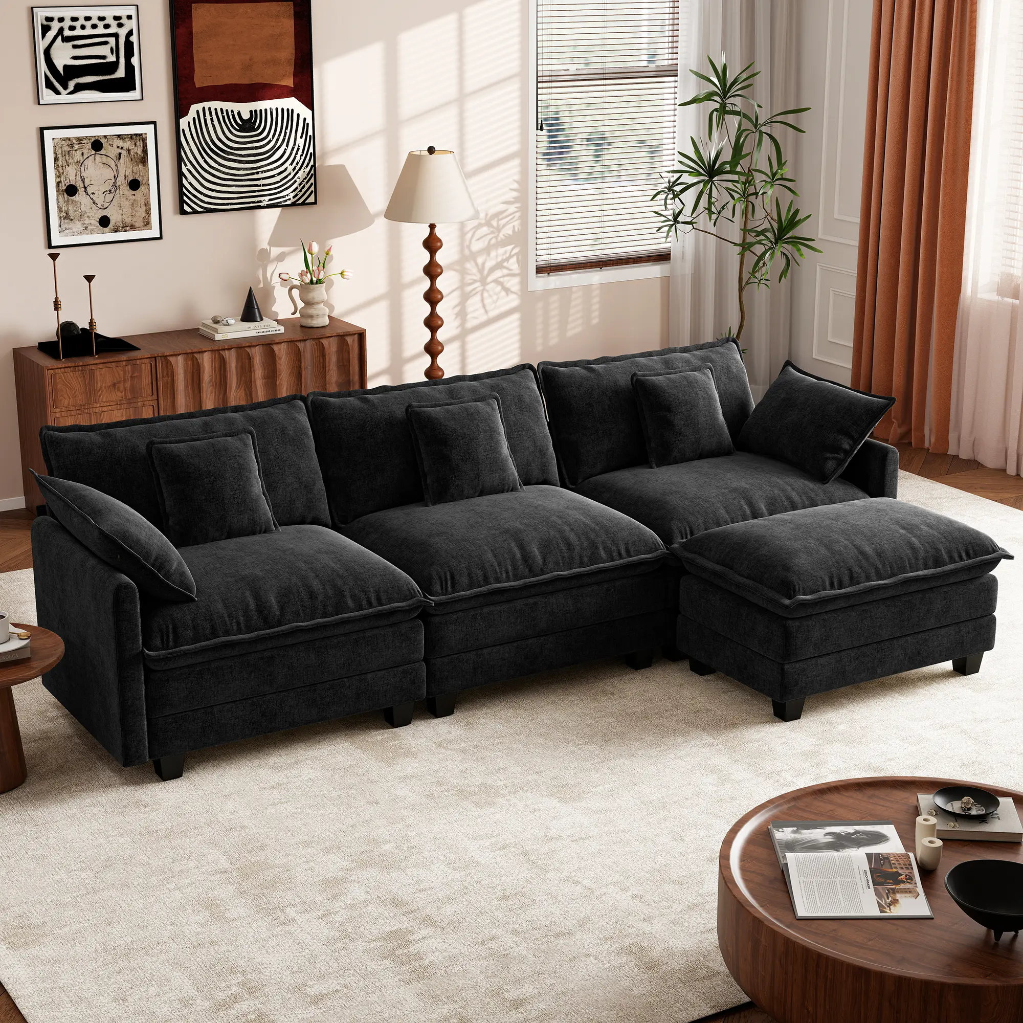 GuroMagicSofa 111.5'' L/U-Shaped Modern Sectional Couch - 3-Seater Chenille Upholstered Living Room Lounge Sofa Bed with 2 Movable Ottoman, 5 Pillows for Bedroom, Apartment,Office