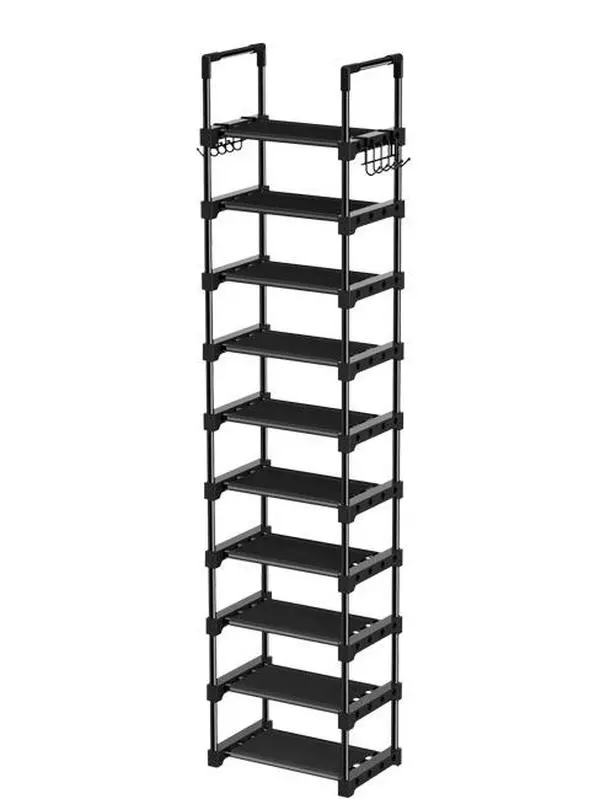Vertical 10-Tier Narrow Shoe Rack - Space-Saving Organizer for 20-25 Pairs with 2 Hooks - Stackable Metal Shoe Shelf for Closet (Black)