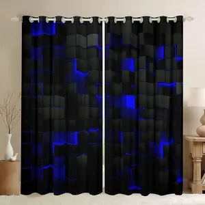 Geometric 50% Blackout Curtains,Black Navy Royal Blue Window Curtains,Men Gamer Room Decor Neon Abstract Stereoscopic Check Grid Plaid Window Drapes
