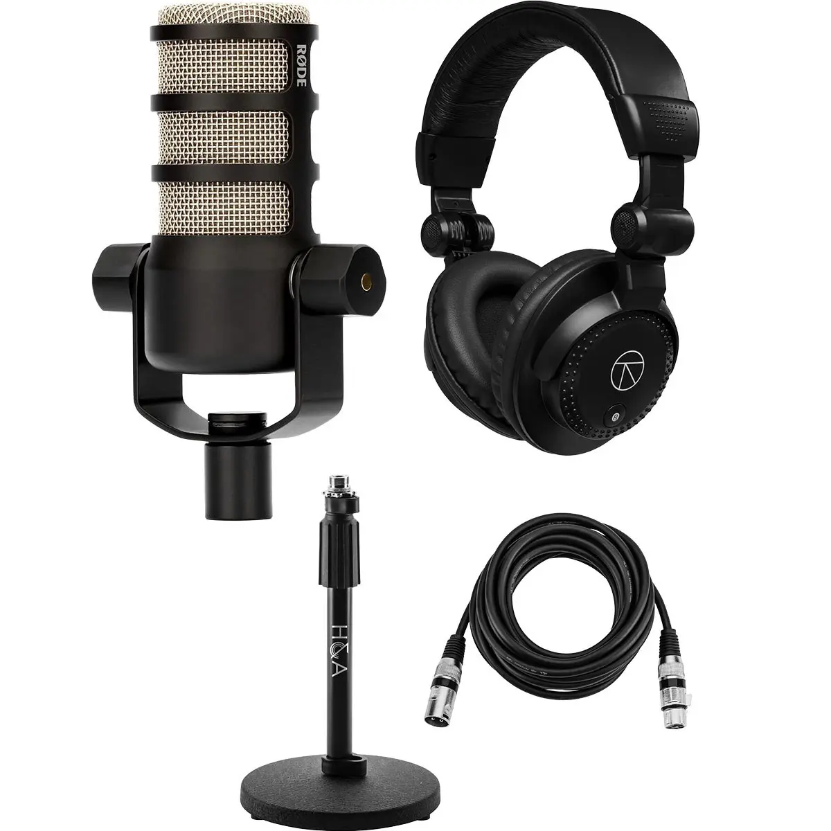 Rode PodMic Dynamic Podcasting Microphone, Bundle with Turnstile Audio TAPH100 Studio Monitor Headphones, H&A Tabletop Microphone Stand, Value Series 15' XLR M to F Mic Cable