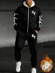Men's 2-Piece Set Letter Print Hoodie with Zip Pocket Design, Casual Fitted Jacket + Drawstring Sweatpants, Fall & Winter