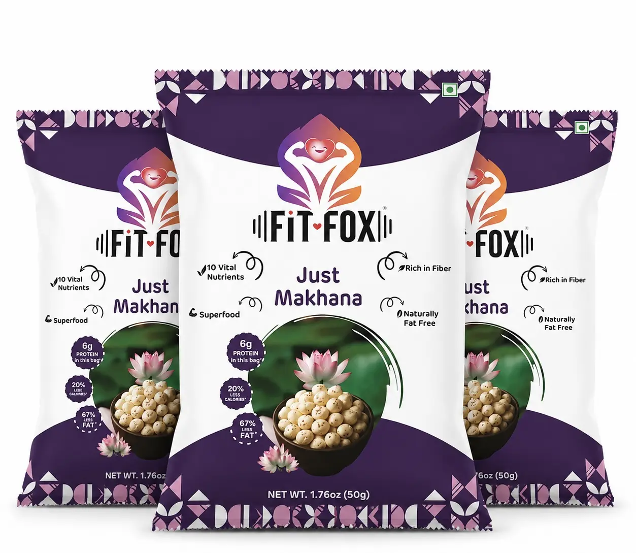 FIT FOX Just Makhana, Pack of 3 (50g Each) | Roasted Fox Nuts (Lotus Seeds) | Lightly Salted & Roasted in Olive Oil | Gluten-Free, Vegan, Plant-Based Healthy Snack. Variety Available in 12 delicious flavors