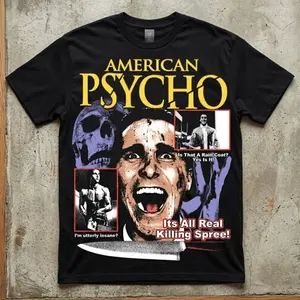 American Psycho T-shirt, Patrick Bateman Graphic Tee, Retro Horror Movie Shirt, Vintage Comic Style, Unisex Black Shirt, Killer Design, Gift for Horror Fans, Halloween Shirt, Bloodstained Iconic Scene, Horror Movie Lover Shirt, Gift for Men
