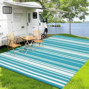 Outdoor Patio Rug for Camping, Waterproof Foldable Plastic Straw Mat, Modern Striped Picnic Mat, UV Resistant, Large Outdoor Carpet for Patio RV Picnic Balcony Deck