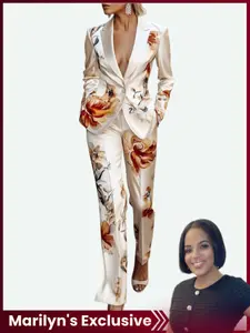 Marilyn's Exclusive Two-piece Set Women's Floral Print Set, Elegant Long Sleeve Button Blazer & Pants Set, Women's Sleepwear for Spring & Fall, Pajama Set