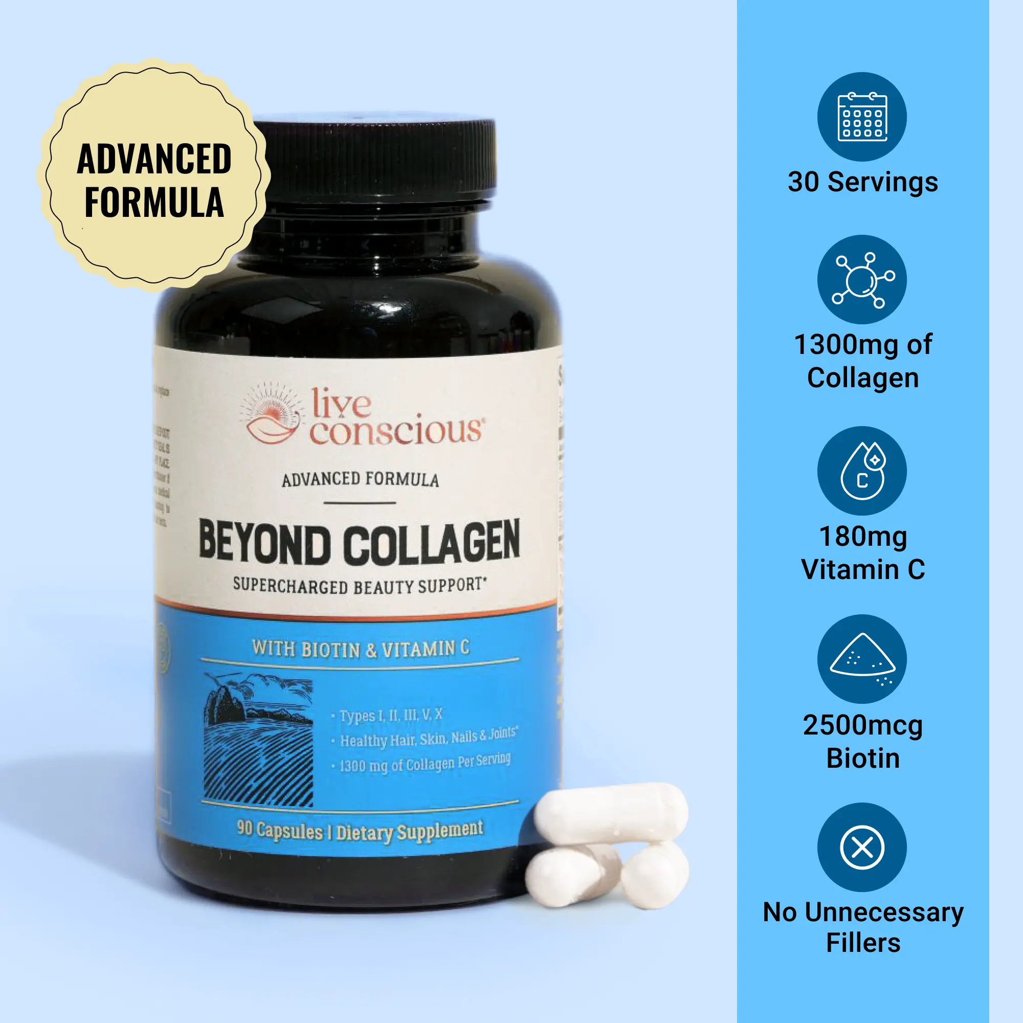 Live Conscious Beyond Collagen Multi Collagen Capsules - Types I, II, III, V & X - Hydrolyzed Blend with Biotin & Vitamin C for Hair, Skin & Nails Supplement