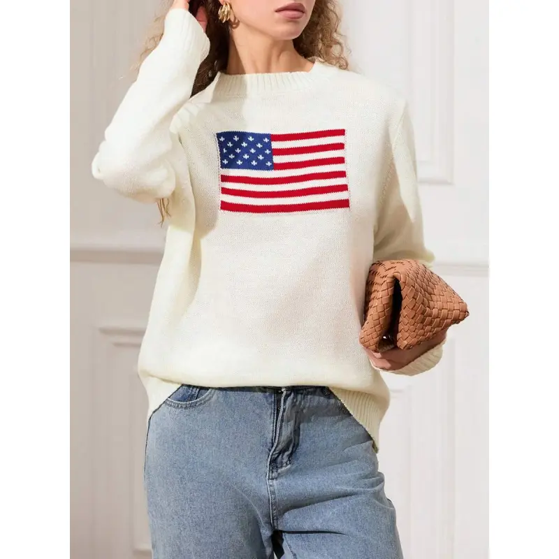 Women American Flag Sweater Long Sleeve Crew Neck Loose Fit Knit Pullover Tops USA Casual Loose Pullover Sweater