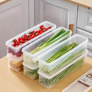4PCS Store the whole storage box, Long Rectangular Plastic Food Storage Containers with Lids, Hand Washable Refrigerator Organizer Boxes for Scallions, Parsley, Cilantro, Garlic, Noodles, Eggs, Kitchen Essentials