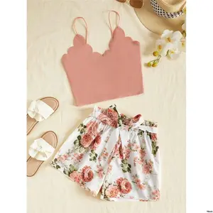PieceSet tiktokVCAYShellTrimHalterTankTopAndFloralSummerShortsTwo -