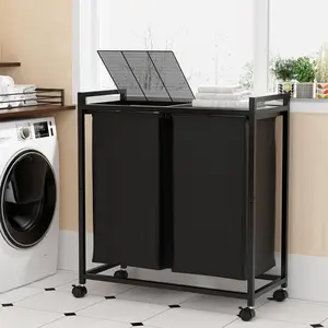 Emfogo ,Christmas gift,Laundry Hamper with Wheels, 90L Large Double Rolling Laundry Basket 2 Section with Metal Top Lid, Laundry Sorter Clothes Hamper Organizer for Laundry Room, Bathroom,  metal wheel