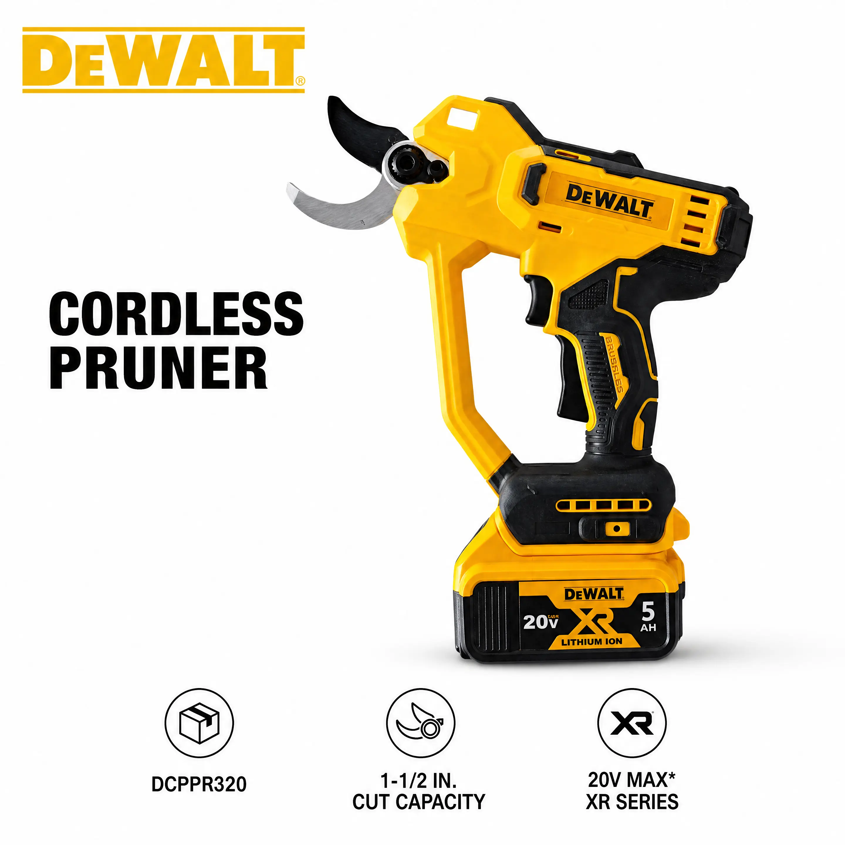 DEWALT 20V MAX Cordless Pruning Shears Kit, 1.5 in Cutting Capacity, Handheld Garden Tool with LED Lighting Matrix for ToolTok Yardwork & Restoration