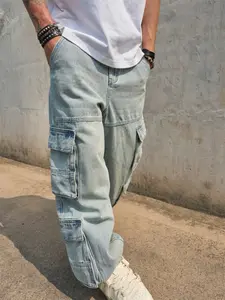 Men's trendy brand fashionable versatile multi pocket American street style personalized loose jeans Loose Denim Pockets