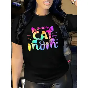 Women's Cat Mom Graphic T-Shirt - Playful Cat Ear & Paw Print Design, Soft Breathable Cotton, Plus Size Casual Round Neck Short Sleeve Top for SpringSummer