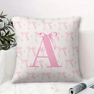 Soft Pink and White Throw Pillow with Digital Print, 26 Letters Pattern Featuring Heart and Bow Designs, 45cm Square Shape, Zipper Closure, Perfect for Cozy Living Rooms & Feminine Decor, Adds Cheery Touch to Your Sofa & Armchair, Includes Pillow Insert.