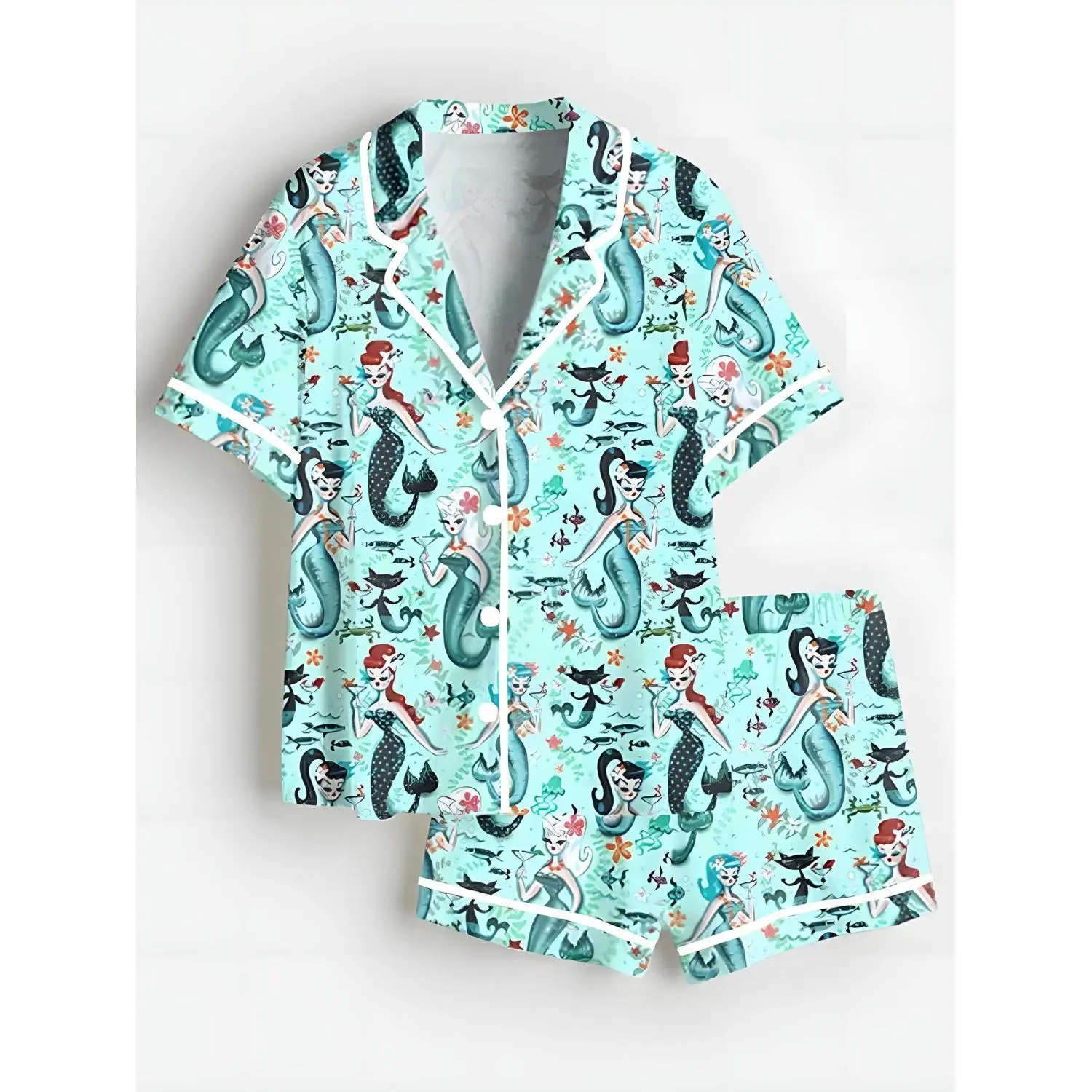 Whimsical Mermaid Mint Green Short Sleeve Collared Pajama Set with White Piping - Women's Cute Sea Creature Sleepwear Loungewear