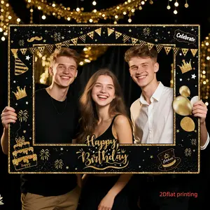 2D Flat 1pc Black Gold Glitter Happy Birthday Cutout Photo Booth Banner, 120x80cm Large Size, Crown Balloon Cake Photography Background, Ideal for Birthday Party, Coming of Age Celebration, Photo Booth Prop