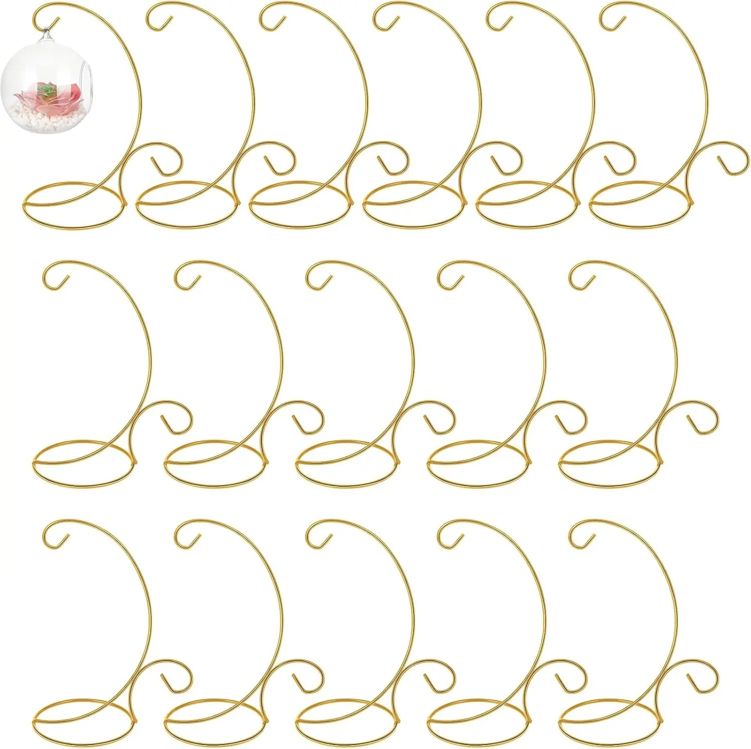 Gold 16-Pcs Light Smooth Iron Ornament Organiser, 9 in H Hanging Hook Stand for Christmas Ornaments, Glass Globes, Air Plant Terrariums, Table Decor