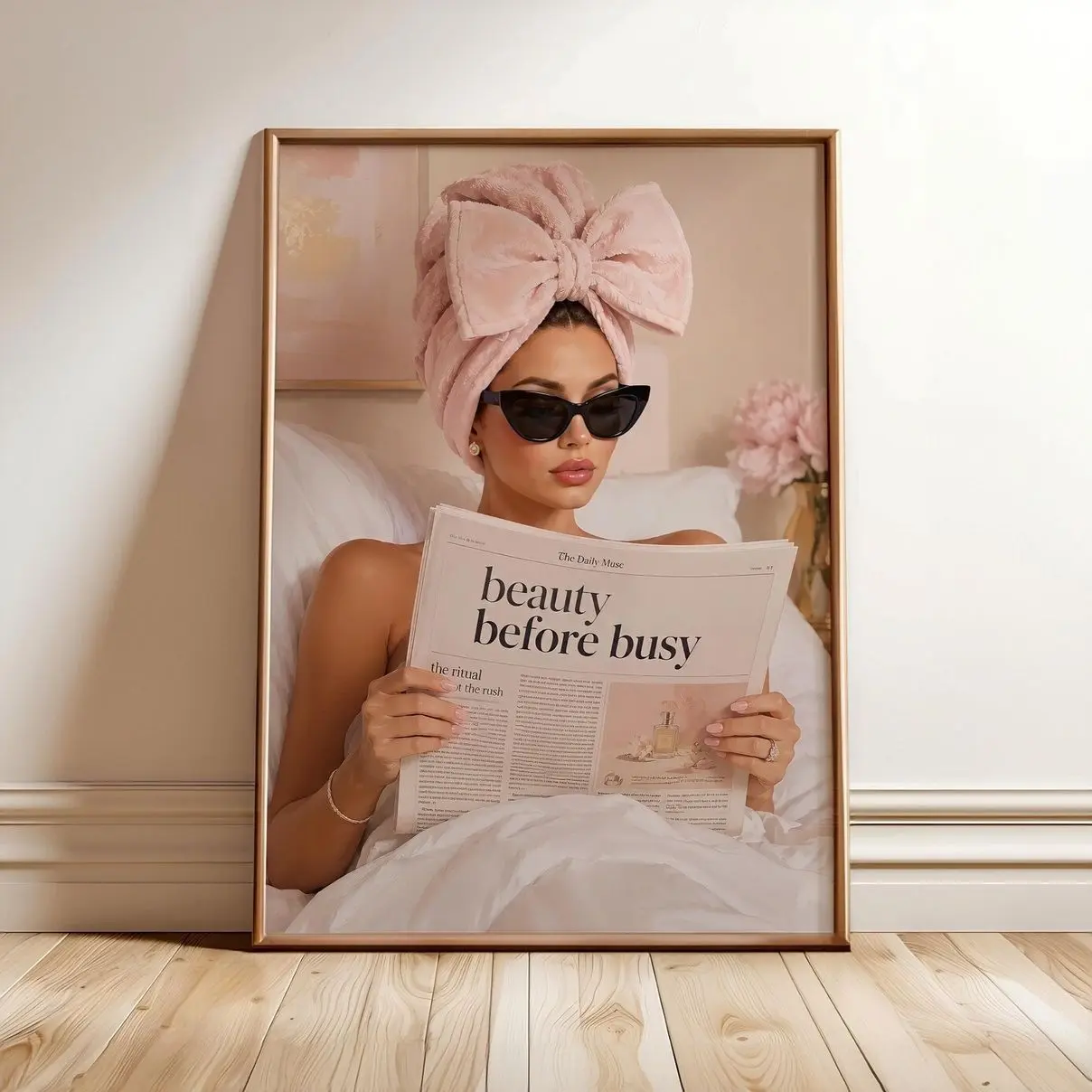 Pink Bathroom Wall Art, Newspaper Poster, Beauty Before Busy Print, Chic Powder Room Decor, Fashion Beauty Room Wall Art | Frameless Poster F