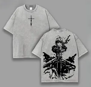valentine shirts  Saber Fate Anime Anime Double Printed Oversized Lightweight Acid Washed Graphic Tee Men Top Cotton Streetwear T-Shirt Gift For Anime Fans,fathersdaygift