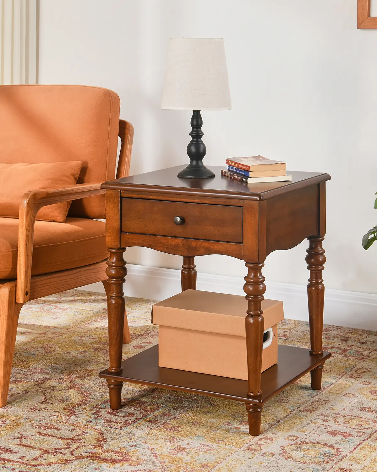 American Retro Side Table | Drawer + Open Shelf Must - Have For Living Room/Bedroom, Tall American Side Table | Drawer For Privacy + Bottom For Books Sofa - Side Must