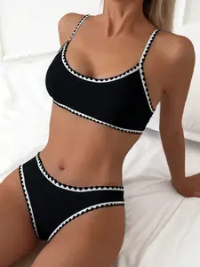 Women's Two-Piece Bikini Set, Solid Color Beachwear Swimwear Bathing Suit, Triangle Hem Design Swimsuit for Vacation & Pool Parties