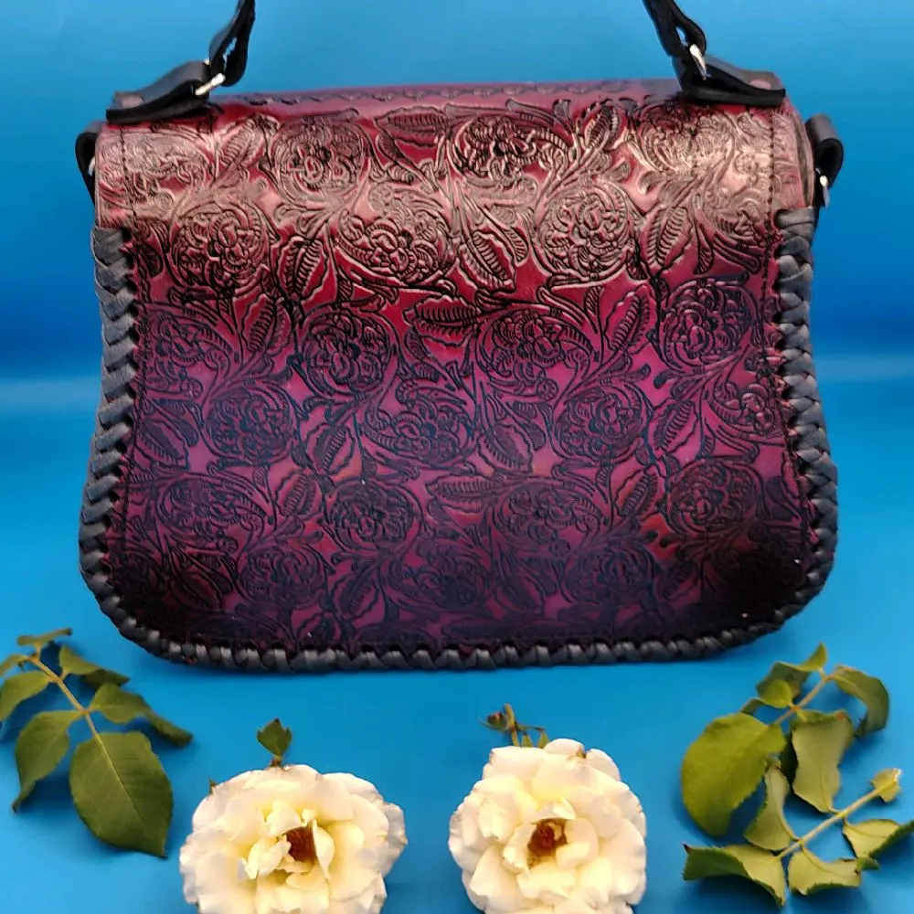 Hand-Painted Natural Leather Bag, Mexican Art Design