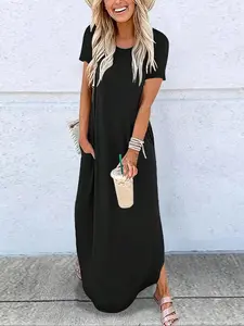 Women's Plain Pocket Round Neck Curved Hem Tee Dress, Casual Soft Short Sleeve Long Dress for Summer, Ladies Clothes for Daily Wear