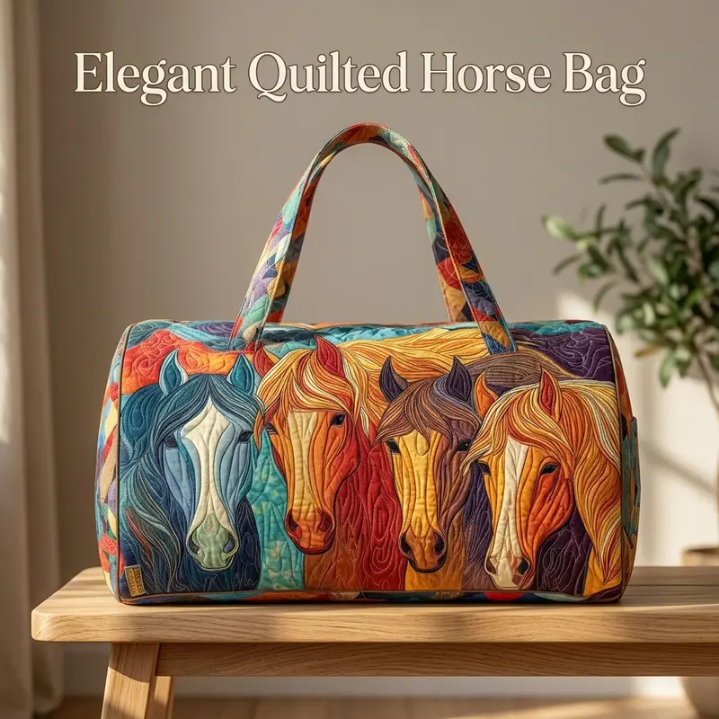 Women Quilted Duffle Bag, Colorful Art Horse Portrait Patchwork Print Shoulder Handbag, Large Capacity Weekend Overnight Travel Bag, Boho Western Horse Duffle Purse for Short Trip & Shopping