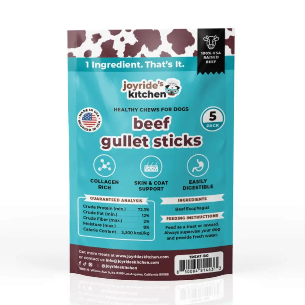 Joyride's Kitchen USA Dehydrated Beef Gullet Sticks Dog Treats, Collagen-Rich, Universal for Dogs, Supports Joint Health & Skin Shine