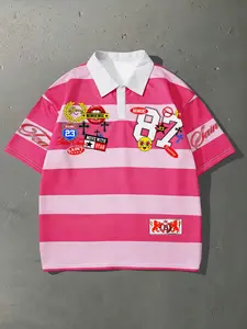 Men's Short Striped Polo Shirt, Wide Stripe, Y2K Street Style, Quick-Dry Mesh Fabric, Casual Wear, Urban Fashion