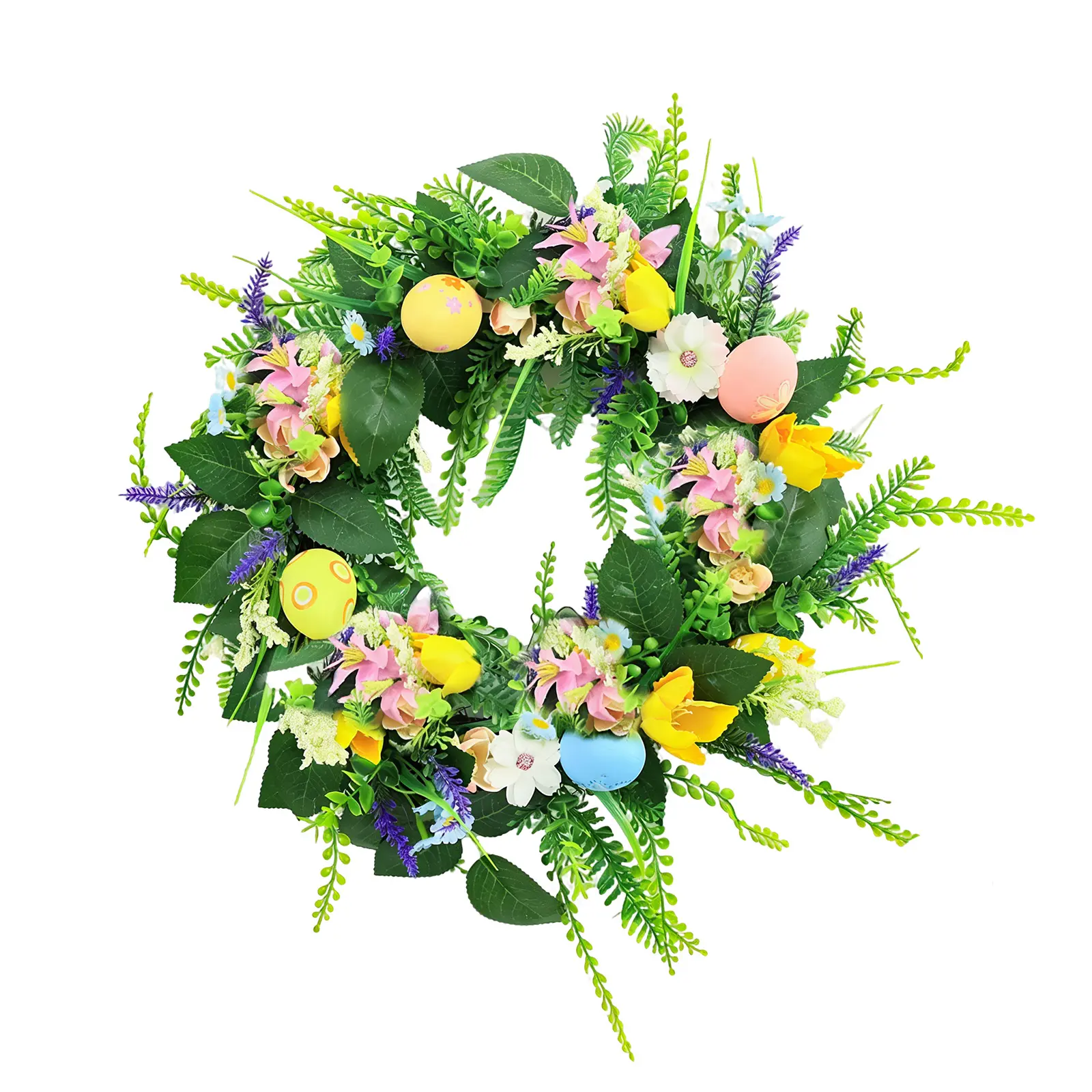 18 Inch Easter Wreath for Front Door, Artificial Egg Wreath with Flowers and Green Leaves, Spring Floral Wreath for Indoor Outdoor Home Decor