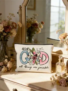 Christian themed makeup bag printed with Bible verses, symbolizing God's almighty power. Practical as a toiletry pouch for travel, fitness, camping and outdoor activities. An affordable gift choice for Valentine's Day, Easter and Mother's Day.