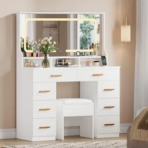 White Makeup Vanity Desk with Large Lighted Mirror, Vanity Desk with Glass Tabletop, 8 Drawers & 3 Storage Shelves, Vanity Set with Built-in Power Outlet for Bedroom & Dressing Area
