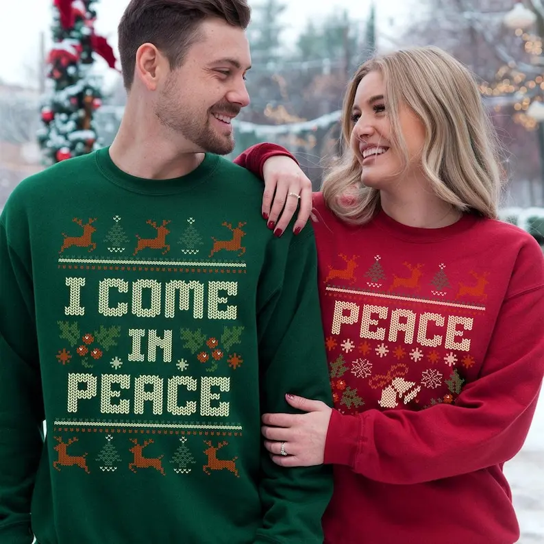 Matching Couples Ugly Christmas Sweater, Ugly Adult Humor Holiday Sweater, I Come In Peace Ugly Christmas Sweater