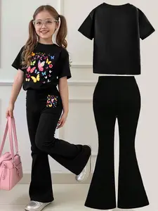 Kids' Casual Set, Colorful Butterfly Print Short Sleeve T-Shirt + Flare Pants, Multiple Colors, Machine Washable, Spring & Summer Outfit, Soft Skin-Friendly Fabric, Daily Wear, Fashion Design, Summer Outfits Set
