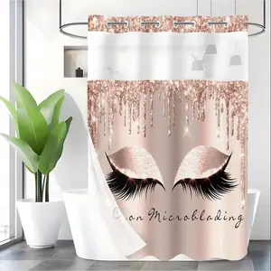 LVRLVR 1pc Glam Rose Gold Eyelash Beauty Shower Curtain with Sheer Top Window, Detachable Liner & No Hook C-Ring, 70.8" x 74"