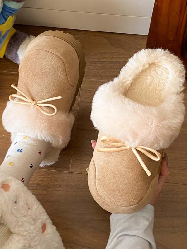 Women's Plush Slippers with Sweet Bow Design, Warm Winter Indoor & Outdoor Shoes, Comfortable Casual Footwear for Fall Season, Home Footwear