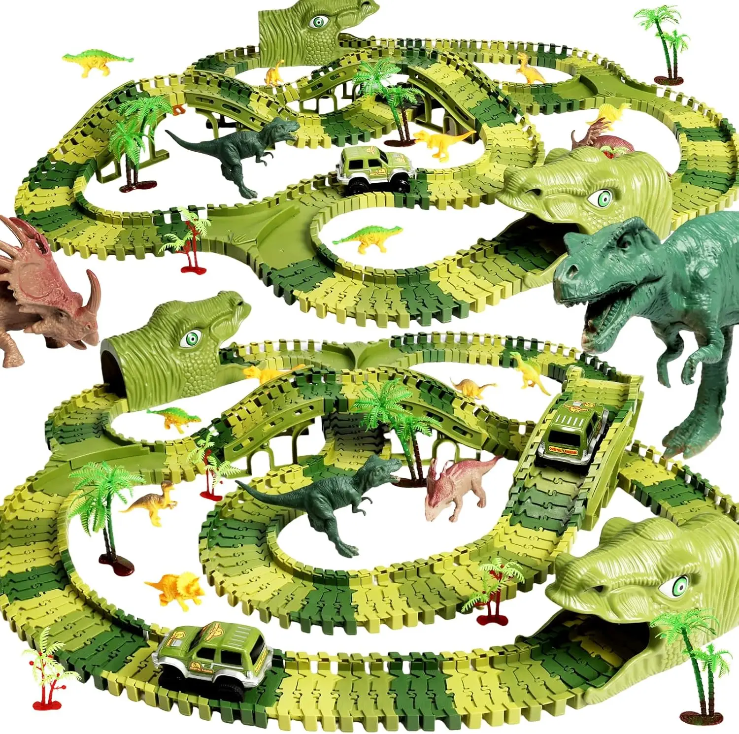 266 PCS ABS Plastic Dinosaur Track Building Toys - 2 AA Battery-Powered Dinosaur Cars Transportation Set, Road Race Creator, Birthday Gifts for 3-4 Years Old Kids