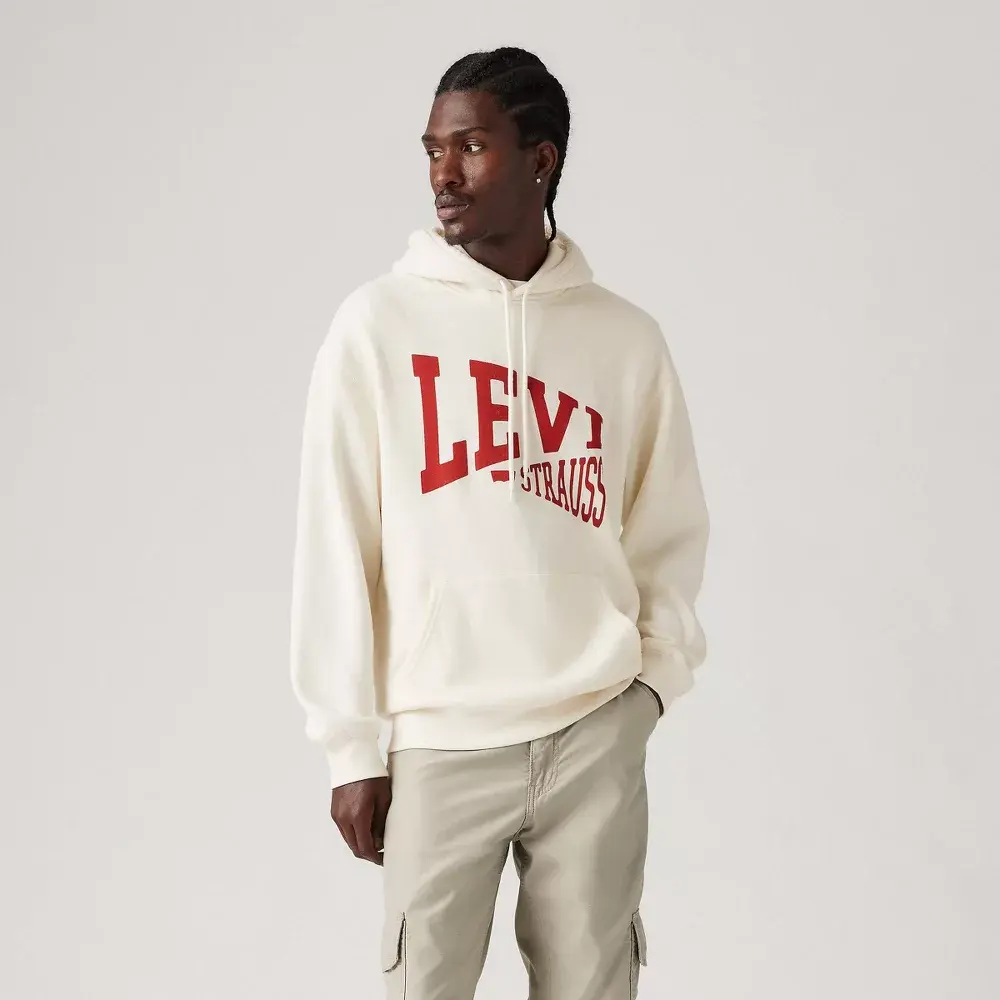Levi's Men's Logo Hooded Relaxed Fit Sweatshirt - Off-White S: Kangaroo Pocket Fleece Pullover