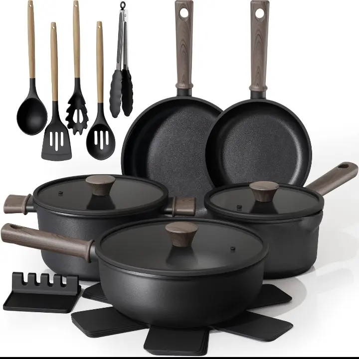 Astercook 23-Piece Nonstick Ceramic Cookware Set with Detachable Handles, Oven-Safe, Induction-Ready, Stackable Cream Pots and Pans Set for RV Kitchen, Father's Day Gift for Men Oil Space Saving